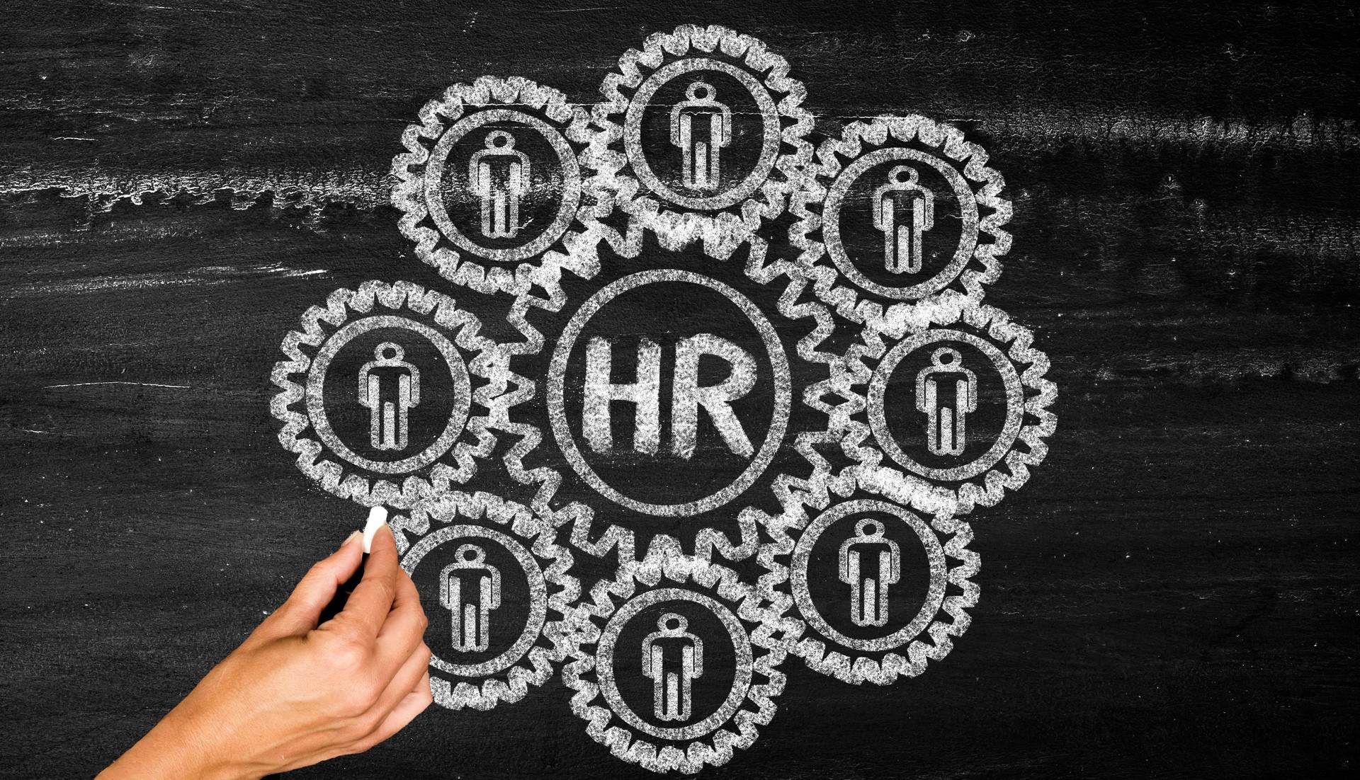 HR teamwork ,gears concept on chalkboard